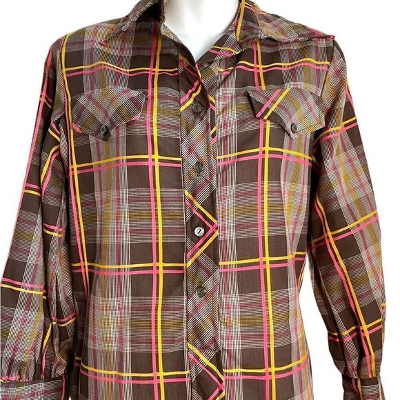 Vintage Plaid Button Down Mini Shirt Dress 1970s Medium - Picture 9 of 11